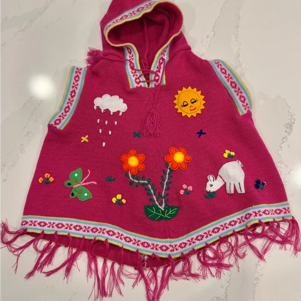 Pink Kids Sweater Poncho‎ with Embroidered Motifs